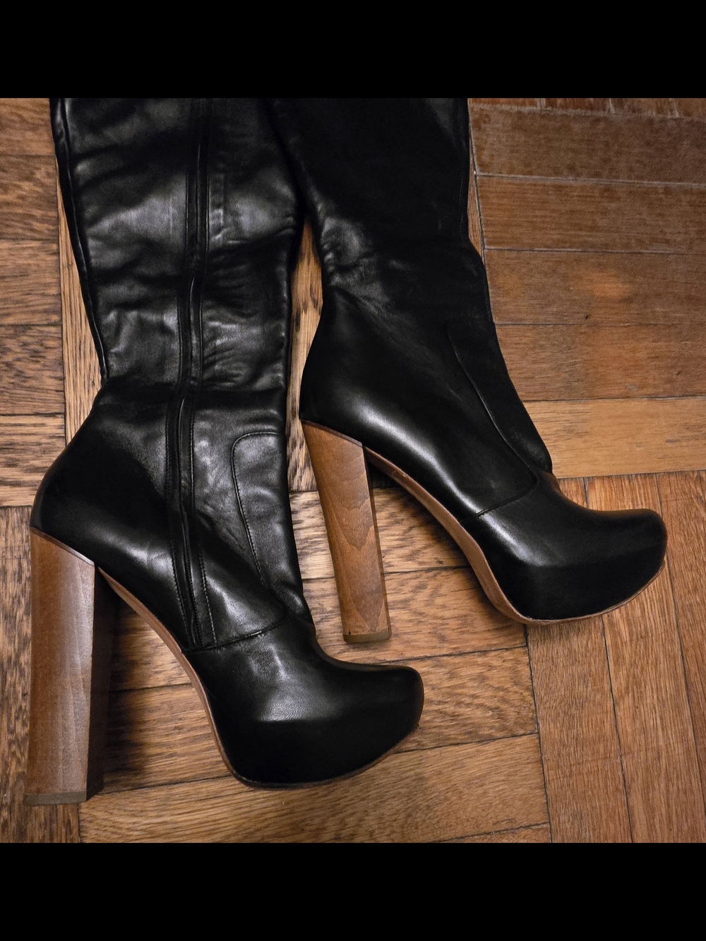 Gianmarco Lorenzi Black Leather Knee-High Boots with Wood Block Heel